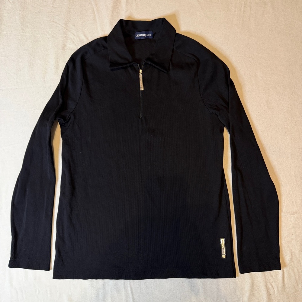 Cerruti Jeans Black Long Sleeve‎ Ribbed Quarter Zip-Up Polo Shirt Men's Large